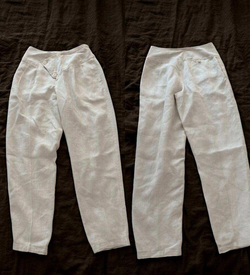 Vintage Linen Asymmetrical V Waist Pleated Tapered Pants Cream Off White takezo